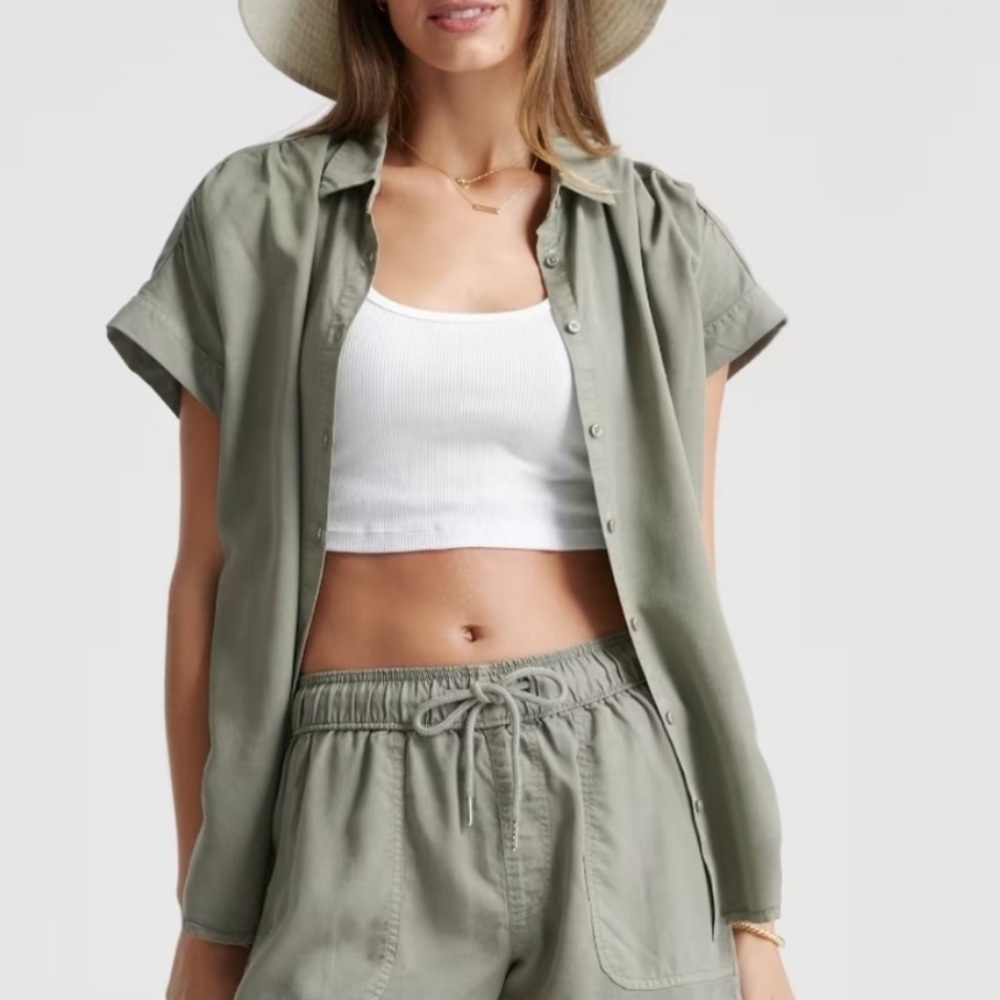 Quince Vintage Wash Tencel Camp Shirt Olive Green Size LG - see measurements